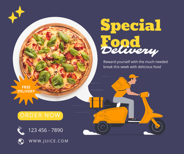 Ontwerpsjabloon van Facebook van Pizza Delivery Offer with Courier on Scooter