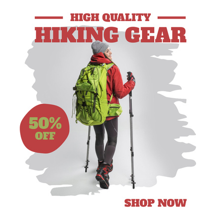 Designvorlage Hiking Equipment Offer with Tourist in Backpack für Instagram AD