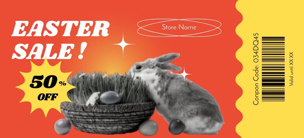 Ontwerpsjabloon van Coupon 3.75x8.25in van Easter Sale with Fluffy Bunny and Eggs in Wicker Basket