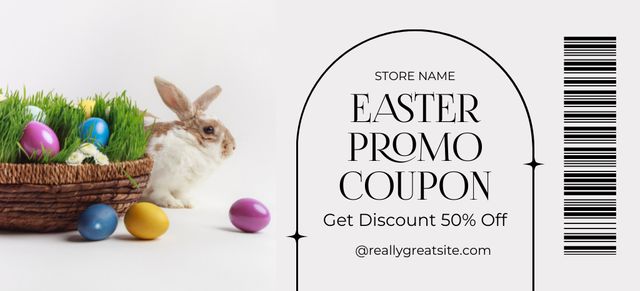 Designvorlage Easter Promotion with Fluffy Easter Rabbit with Basket of Dyed Easter Eggs für Coupon 3.75x8.25in