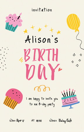 Birthday Party Announcement with Cakes and Balloons Invitation 4.6x7.2in Tasarım Şablonu