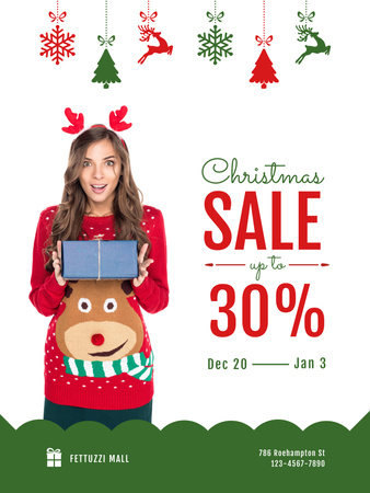 Christmas Sale with Woman Holding Present Poster US Modelo de Design