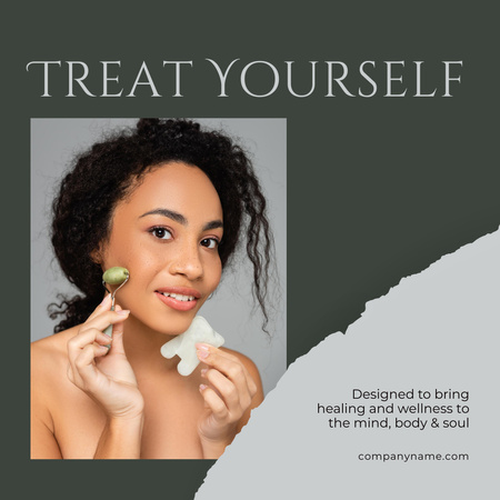 Plantilla de diseño de Mujer de raza mixta utilizando rodillo de jade para masaje facial Instagram 