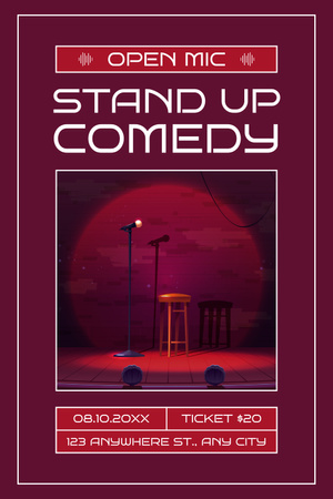 Plantilla de diseño de Anuncio de evento de comedia stand-up con taburete y micrófono en el escenario Pinterest 