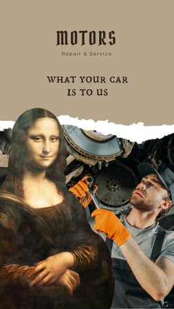 Plantilla de diseño de anuncio de servicios divertidos de reparación de coches con mona lisa Instagram Story 