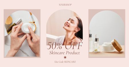 Promo of Cosmetic Products with Woman applying Cream Facebook ADデザインテンプレート