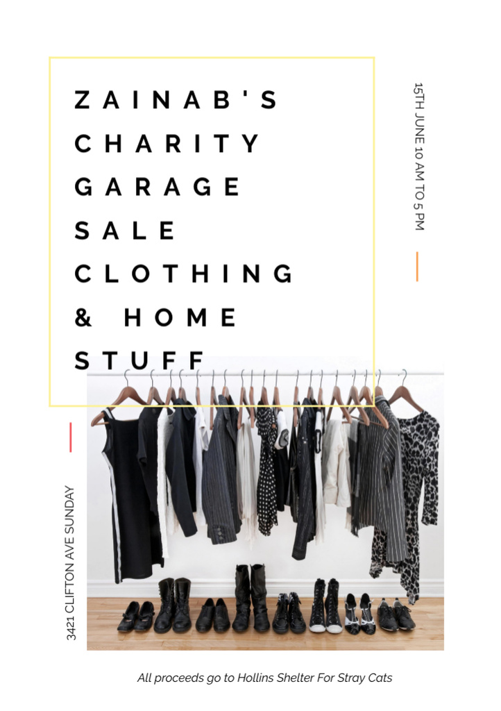 Ontwerpsjabloon van Flyer A5 van Charity Sale Announcement with Black Clothes on Hangers