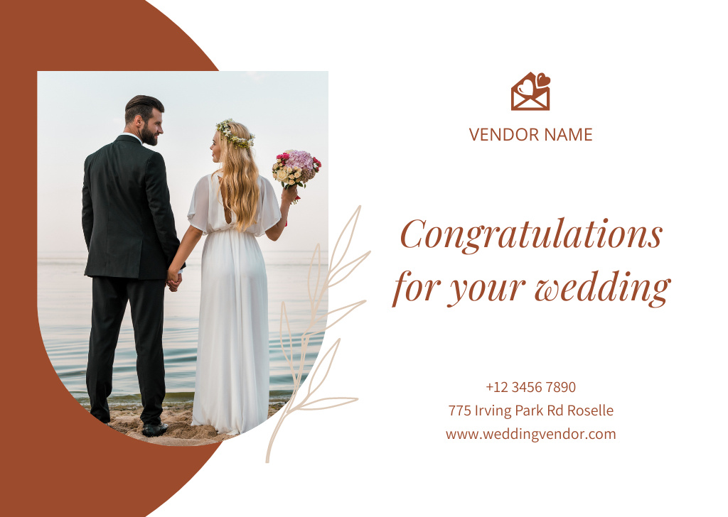 Plantilla de diseño de Wedding Congratulation with Young Couple Standing on Beach Card 