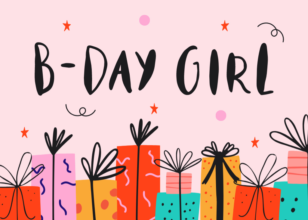 Template di design Greetings to a B-Day Girl with Doodle Illustration of Gift Boxes Postcard 5x7in
