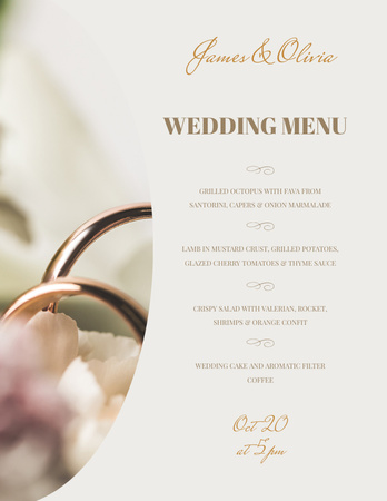 Seznam svatebních jídel s elegantními zlatými prsteny Menu 8.5x11in Šablona návrhu