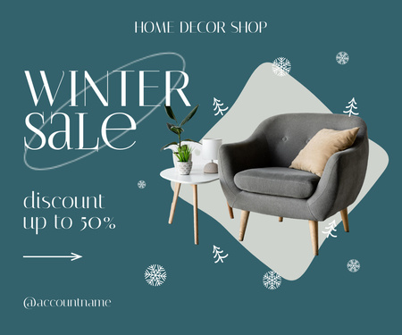 Designvorlage Ankündigung des Wintermöbelverkaufs mit gemütlichem Sessel für Large Rectangle