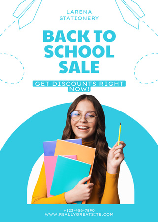 Ontwerpsjabloon van Flayer van Aankondiging schoolverkoop met schoolmeisje met kleurrijke notitieboekjes