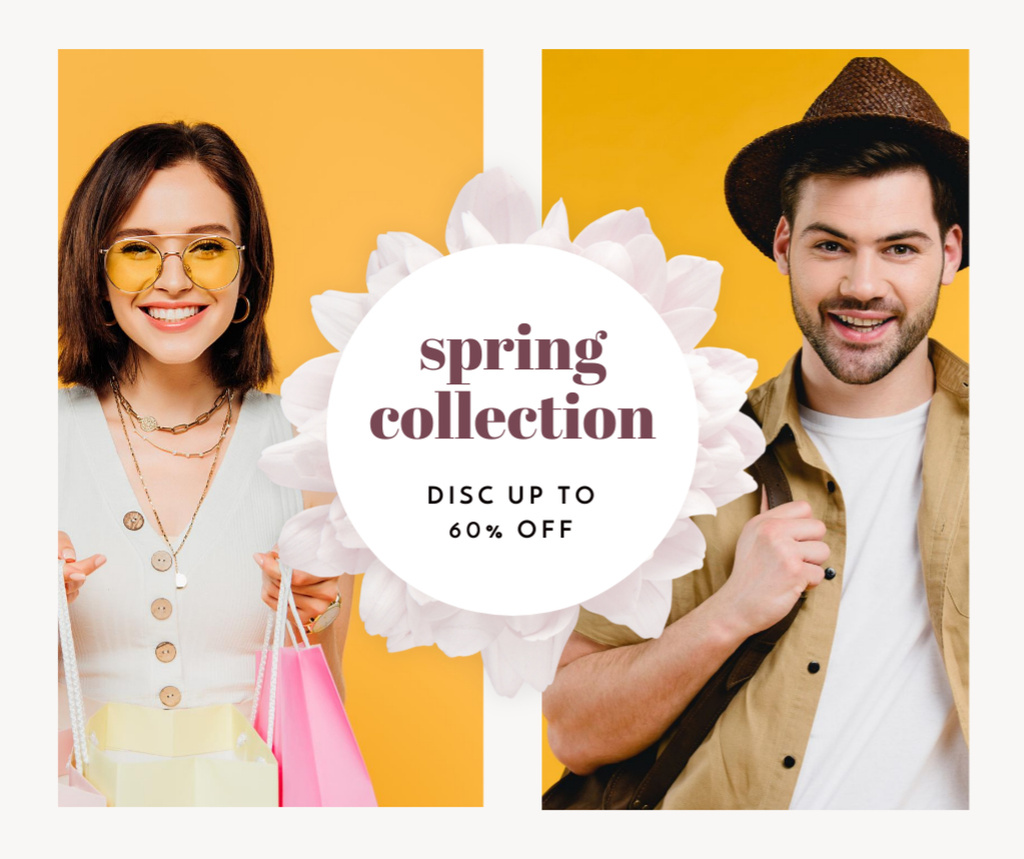 Spring Collection Sale Offer with Stylish Young Couple Facebook Design Template