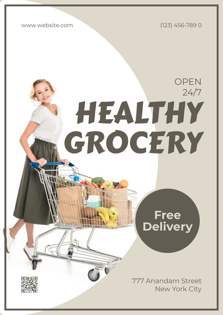 Healthy Food In Trolley And Paper Bags Poster Design Template