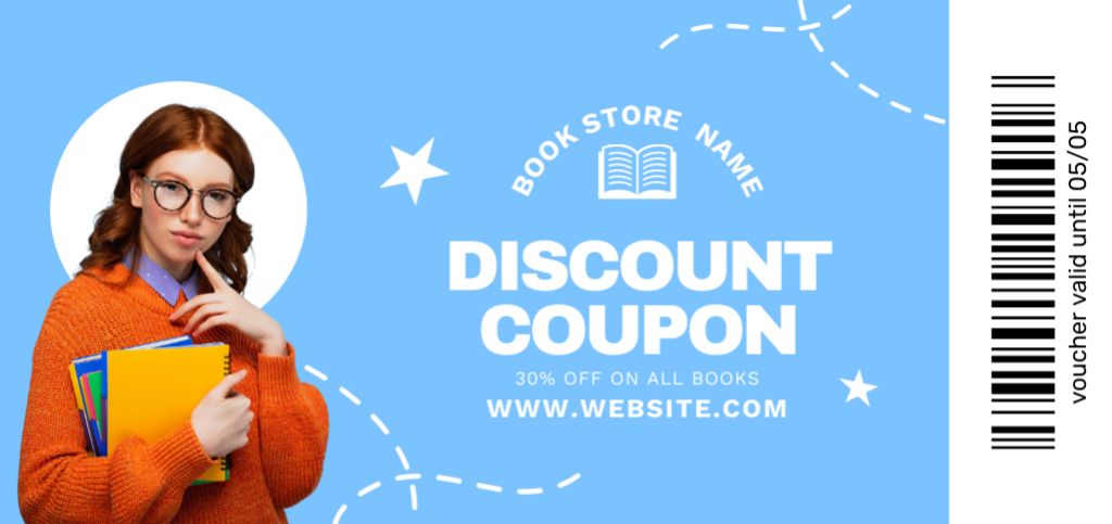 Female Student on Bookstore's Voucher Coupon Din Large Design Template