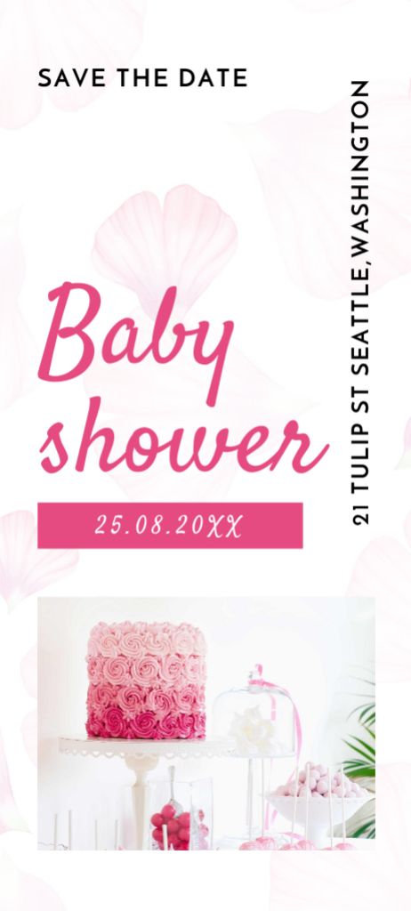 Modèle de visuel Baby Shower Announcement with Pink Cake and Flowers - Invitation 9.5x21cm