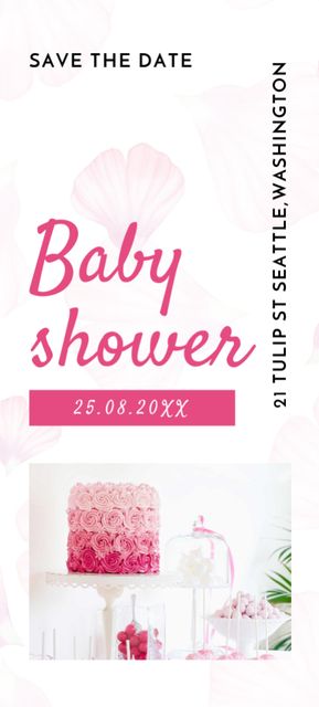 Baby Shower Announcement with Pink Cake and Flowers Invitation 9.5x21cm Πρότυπο σχεδίασης