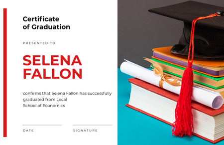 Platilla de diseño School of Economics Graduation with Books and Hat Certificate 5.5x8.5in