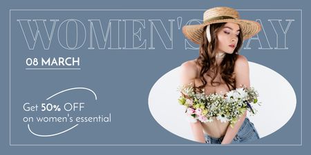 Plantilla de diseño de Oferta de descuento en el día de la mujer con mujer con sombrero de paja Twitter 