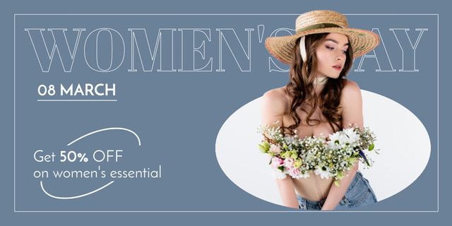 Discount Offer on Women's Day with Woman in Straw Hat Twitter Design Template