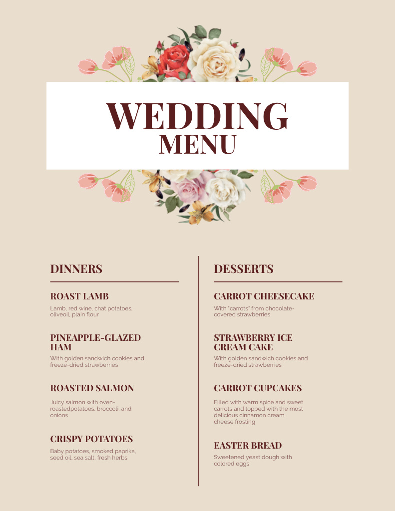 Beige Wedding Dishes List with Roses Menu 8.5x11in Design Template