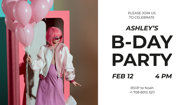 Birthday Party Invitation with Woman with Pink Balloons FB event coverデザインテンプレート