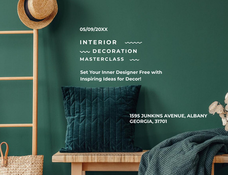 Modèle de visuel Masterclass de décoration d'intérieur avec oreiller sur banc - Invitation 13.9x10.7cm Horizontal