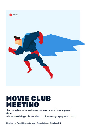 Movie Club Meeting Man in Superhero Costume Invitation 4.6x7.2in Design Template