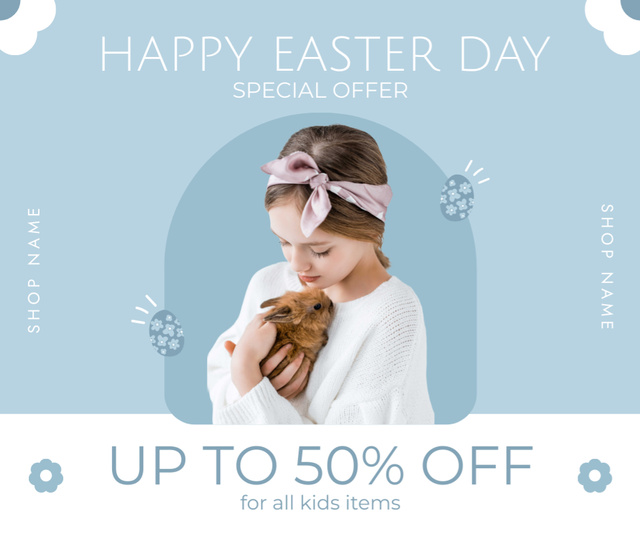 Template di design Easter Special Offer with Child Holding Cute Furry Rabbit Facebook