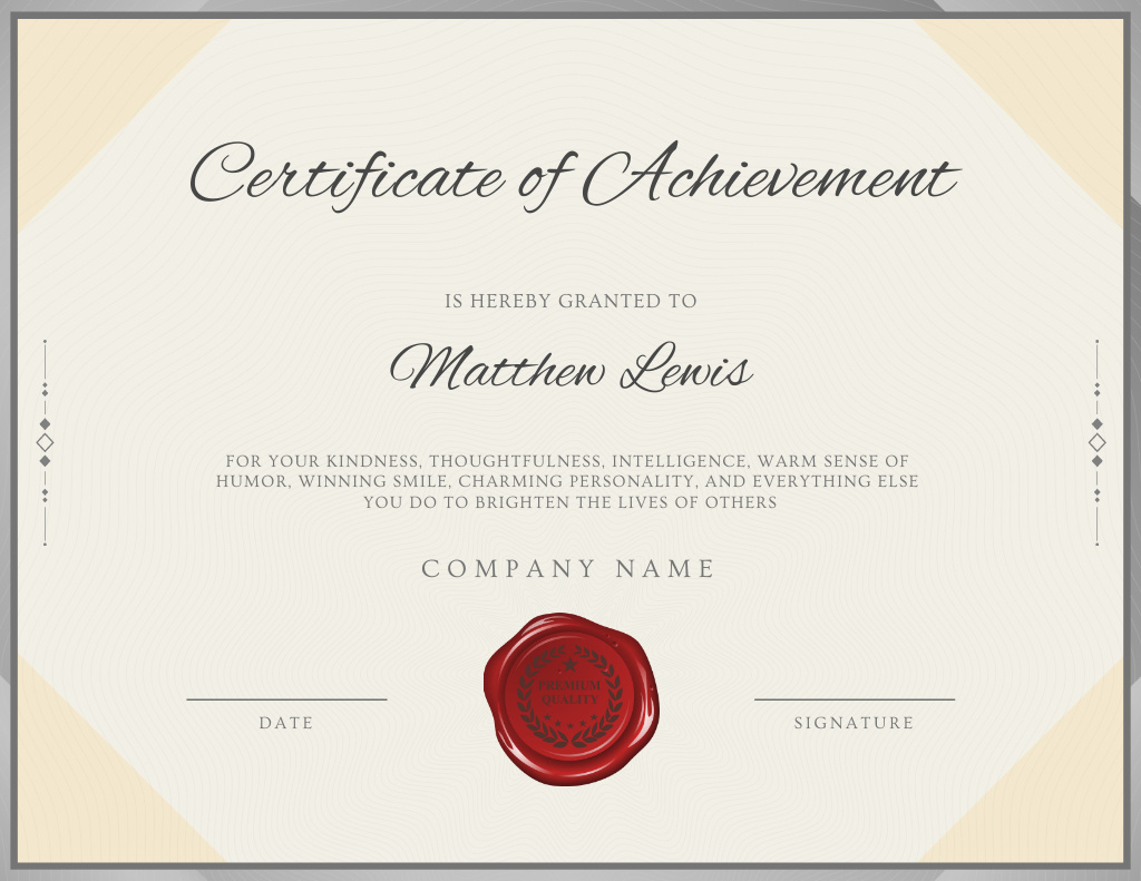 Prestigious Recognition for Achievement In Yellow Certificate Design Template