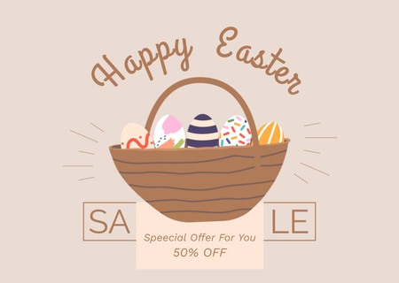 Wicker Basket Full of Traditional Painted Easter Eggs Card Design Template