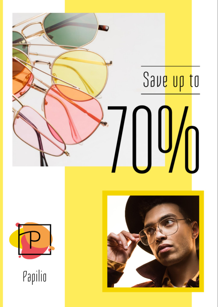 Plantilla de diseño de Sunglasses Ad with Stylish Handsome Young Man Flyer A6 
