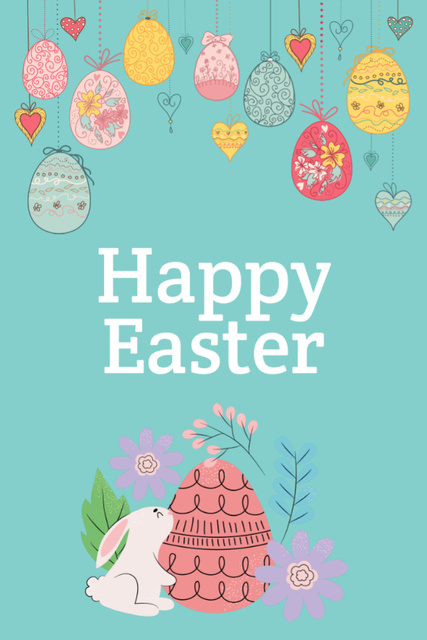 Plantilla de diseño de Easter Greeting With Bunny And Eggs on Blue Postcard 4x6in Vertical 
