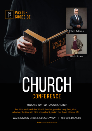 Plantilla de diseño de Church Conference Event with Priest holding Bible Poster 28x40in 