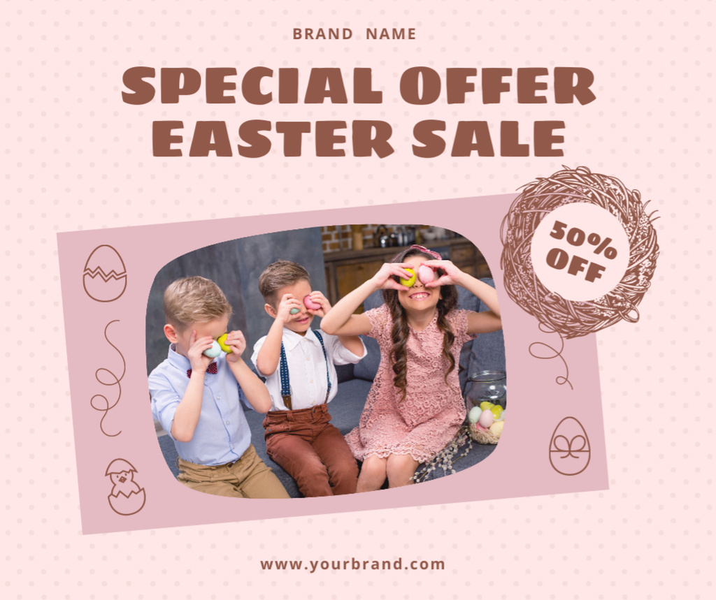 Easter Offer with Cheerful Kids Holding Easter Eggs Facebook Tasarım Şablonu