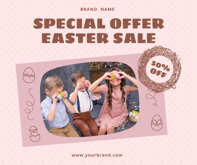 Easter Offer with Cheerful Kids Holding Easter Eggs Facebook tervezősablon