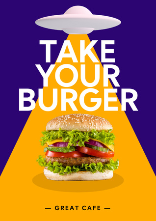 Pszichedelikus illusztrációja UFO és ízletes burger Poster tervezősablon