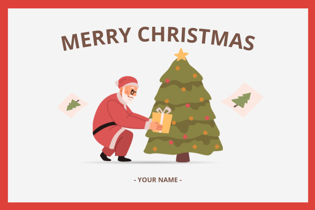 Plantilla de diseño de Mesmerizing Christmas Greeting with Santa Putting Present near Tree Postcard 4x6in 
