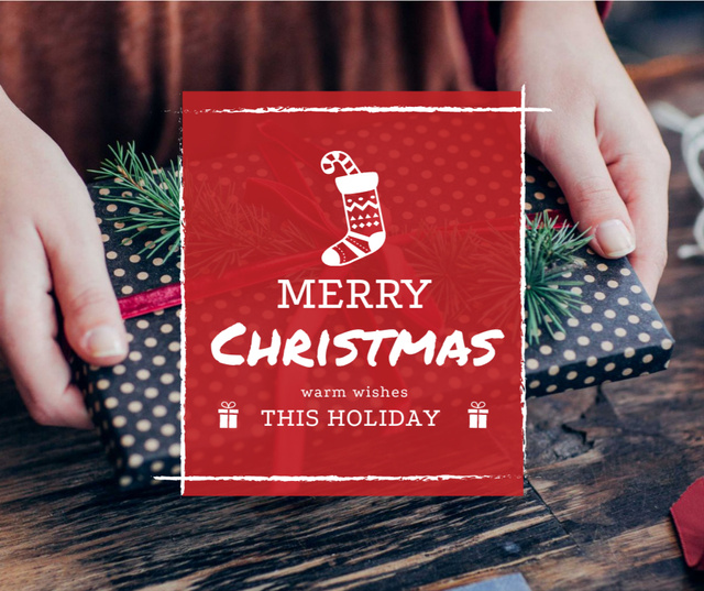 Merry Christmas greeting Woman wrapping Gift Facebook Modelo de Design