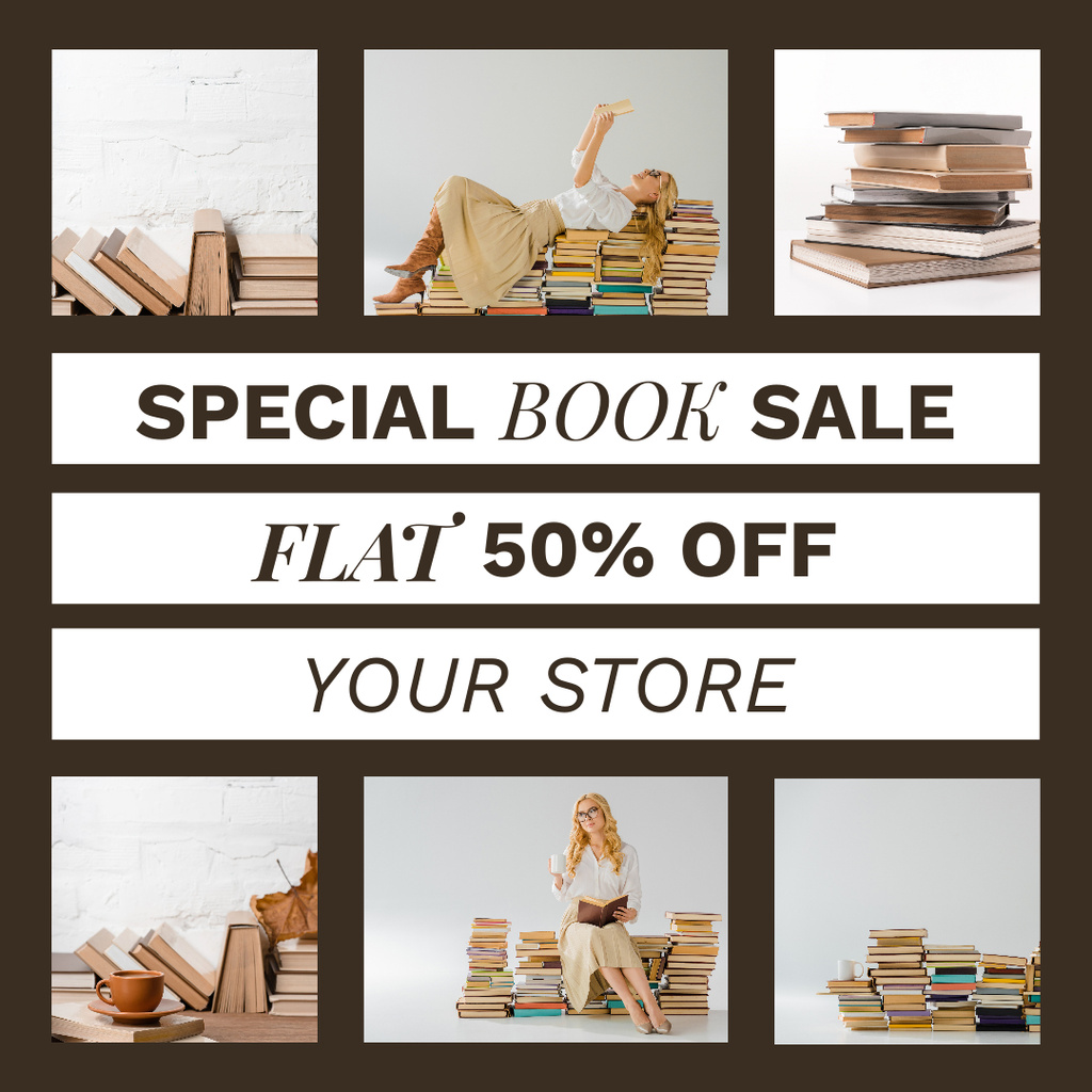 Book Sale Announcement with Аttractive Blonde on Brown Instagram Design Template