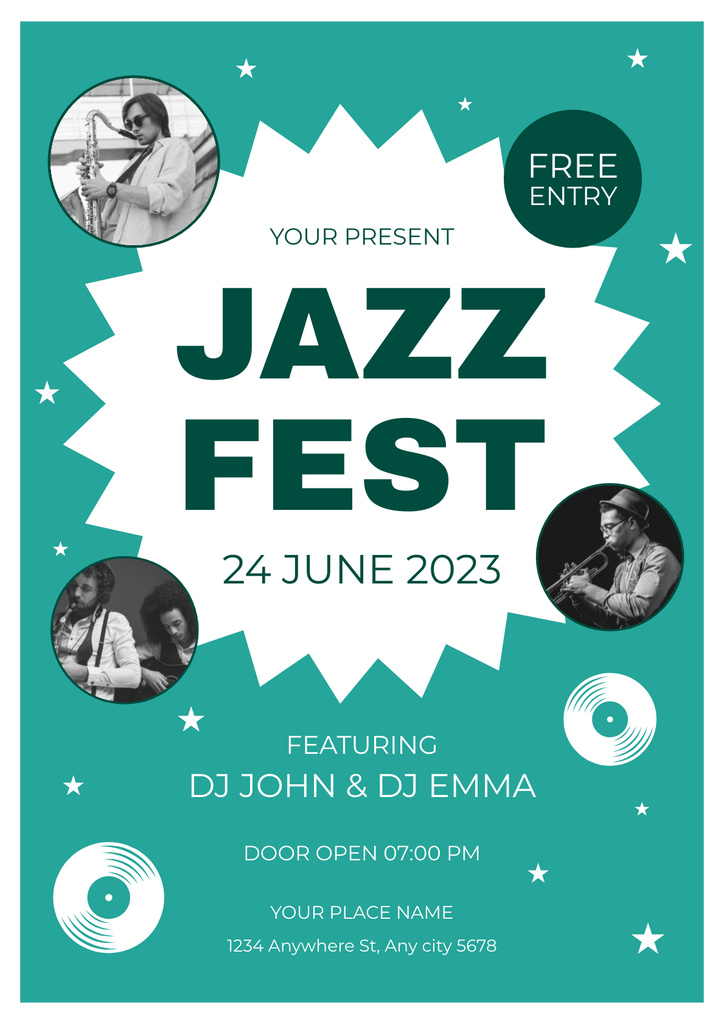 Jazz Festival With Brass Instruments And DJs Announcement Poster Modelo de Design
