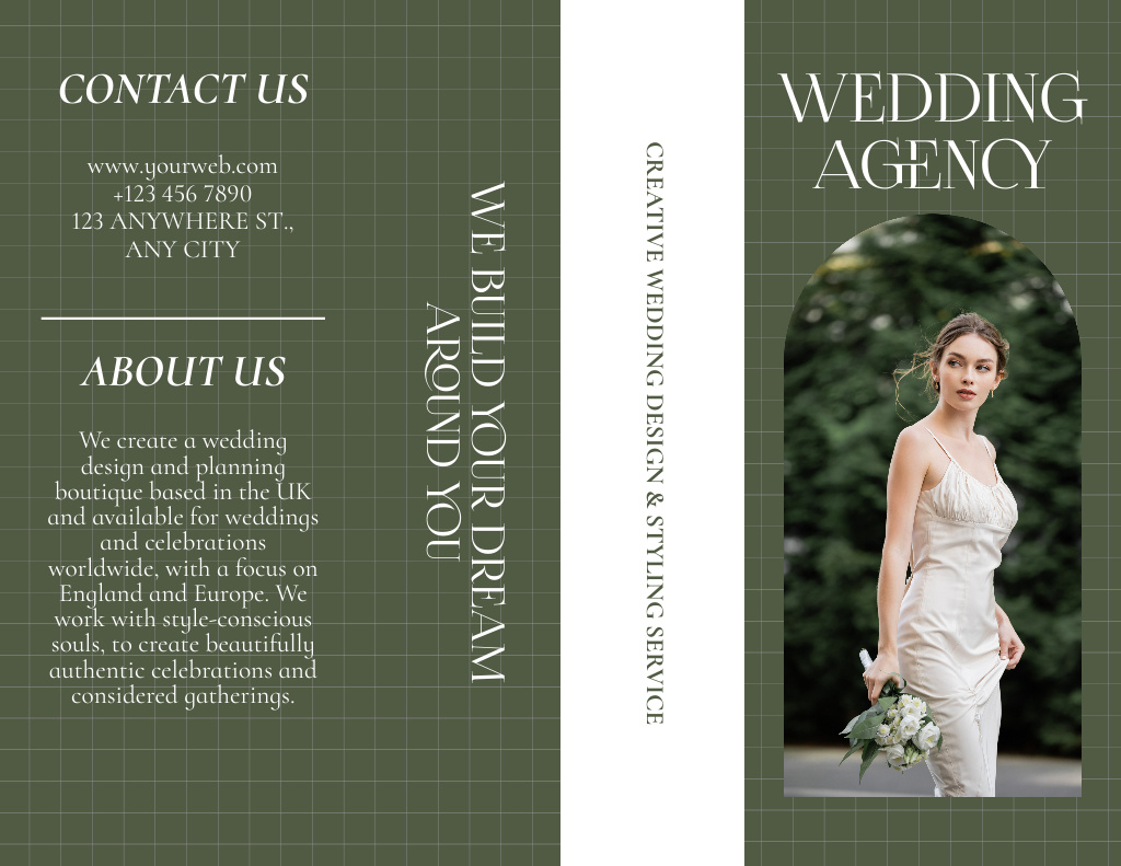 Wedding Agency Ad with Beautiful Young Bride on Green Brochure 8.5x11in Πρότυπο σχεδίασης