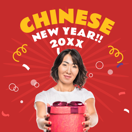 Chinese New Year Celebration with Woman holding GIfts Instagram Design Template