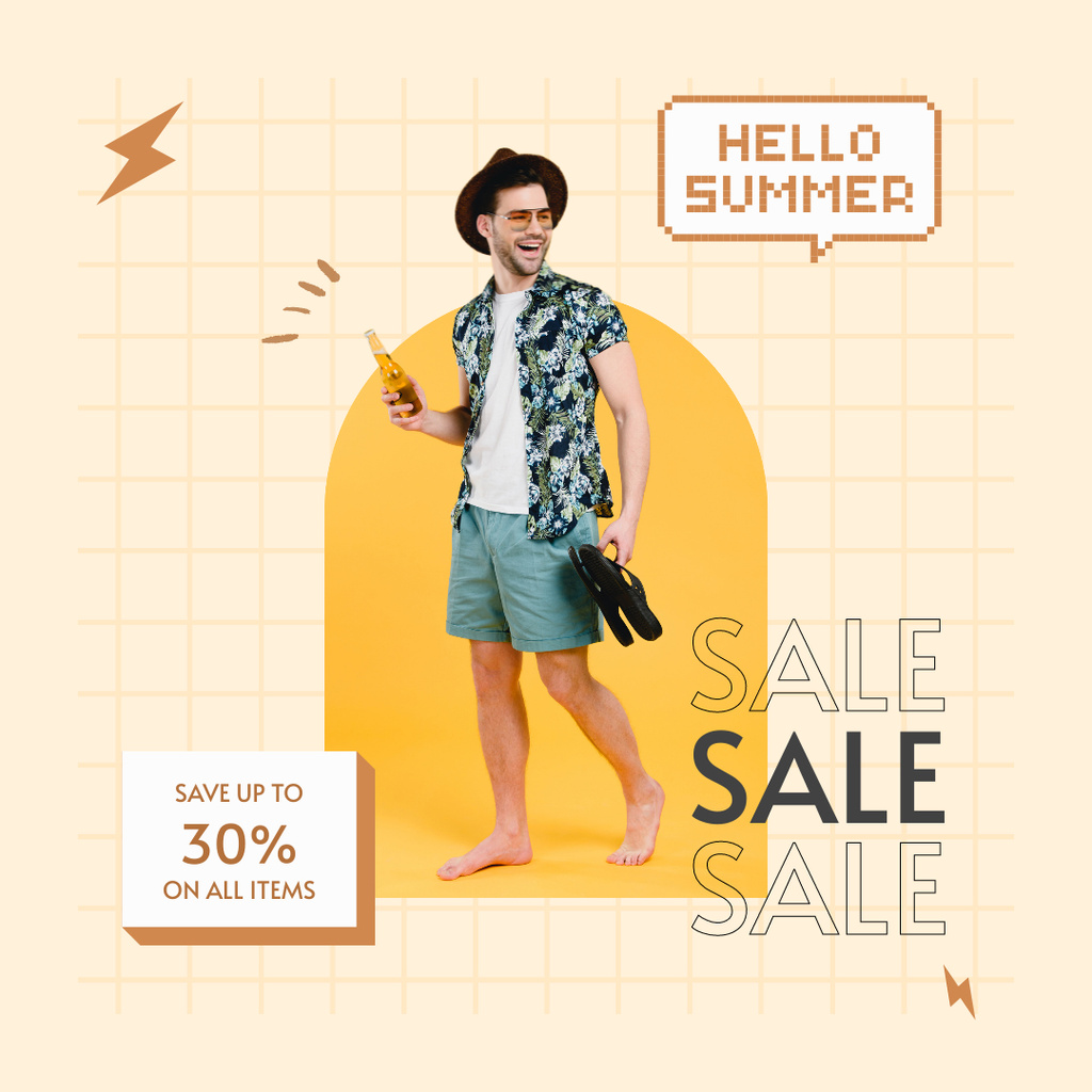 Summer Male Clothes Sale Ad with Man on Vacation Instagram Modelo de Design
