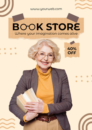 Designvorlage Buchladenanzeige mit älterer Frau mit Büchern für Flayer