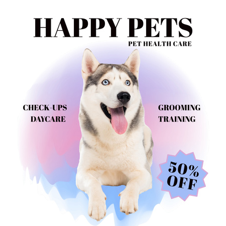 Discount on Pet Grooming Services with Happy Husky Instagram Design Template