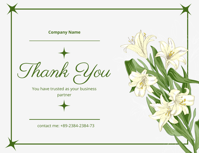 Thank You Text with Beautiful White Lilies Thank You Card 5.5x4in Horizontal Πρότυπο σχεδίασης