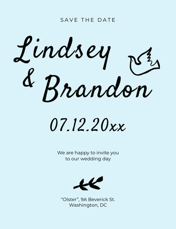 Modèle de visuel Réservez la date et l'annonce d'un événement de mariage avec une colombe dessinée à la main - Invitation 13.9x10.7cm