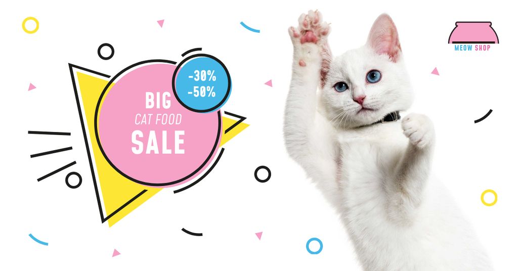 Template di design Pet Shop Sale with Cute White Cat Facebook AD