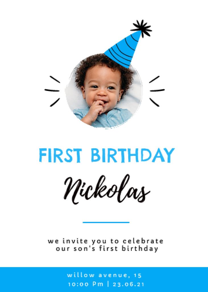 Ontwerpsjabloon van Invitation van First Birthday of Little Boy Celebration Announcement